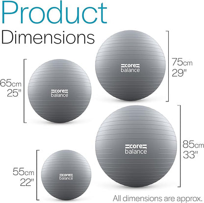 Core Balance Exercise Ball, Stability Ball for Yoga, Pilates and Fitness, Gym Ball for Home Gym and Office Chair, Training, Physical Therapy, Anti Burst, Pump Included, 55cm 65cm 75cm 85cm