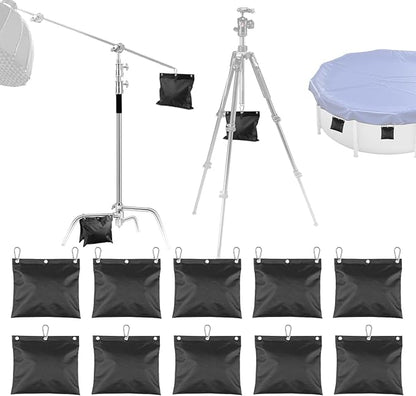 10-Pack Photography Small Sandbags Weight Bag with Carabiner(Max Capacity 15 LBS), 1680D Heavy Duty Oxford Cloth Sand Bag for Photo Studio Light Stand, Video Tripod, C Stands, Pool Cover(No Sand)