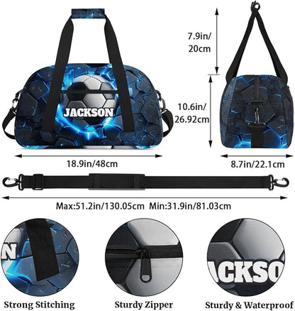 Personalized Soccer Gym Duffel Bags for Kids Boys with Custom Name Sport Training Travel Bags for Overnight Weekender, Dark Blue