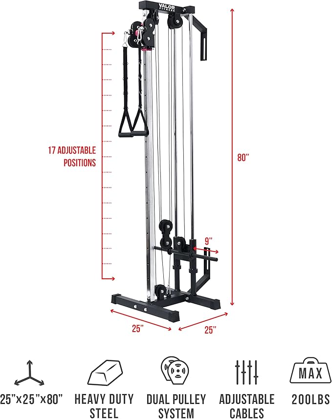 Valor Fitness Wall Mounted Cable Machine, Dual Adjustable Pulley System with 16 Height Positions, Space-Saving Home Gym Strength Training Equipment