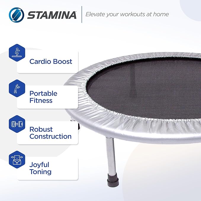 Stamina Folding Trampoline with Smart Workout App, Black - Portable Fitness Rebounder for Home Gym, Cardio & Strength Training, Jumping Exercise Equipment