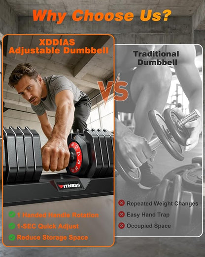 XDDIAS Adjustable Dumbbell Set of 2, 25/55/80/90LB Dumbbell Set- 1-Hand Fast Adjustment with Anti-Slip Handle, Compact Free Weights Dumbbells Set for Men/Women Home Gym Strength Training Equipment
