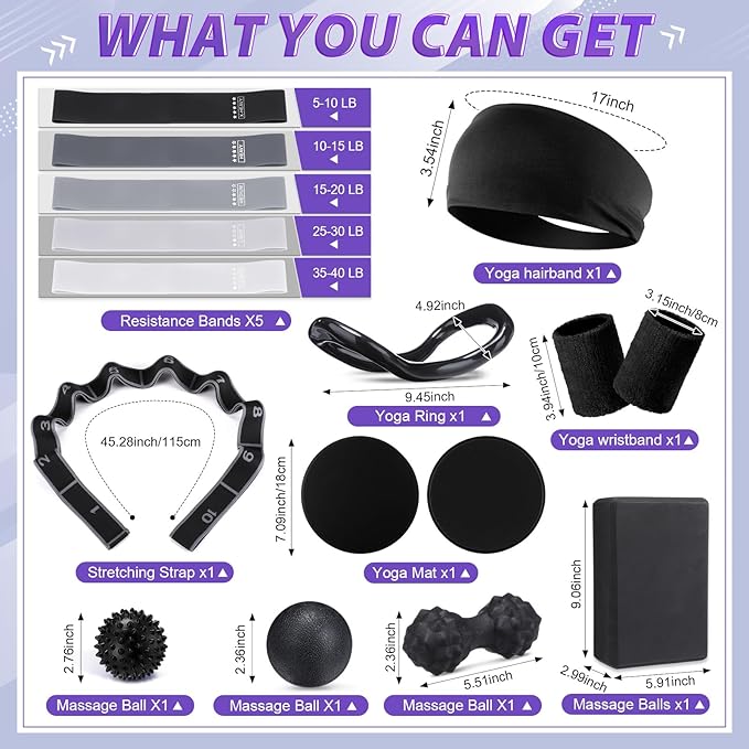 24 Pcs Home Pilates Essentials Kit for Women, Pilates Equipment Ring and Ball Set with Stretching Strap, Water Bottle, Magic Circle, Yoga Ring, Gym Bag, Resistance Band, Anti Slip Socks