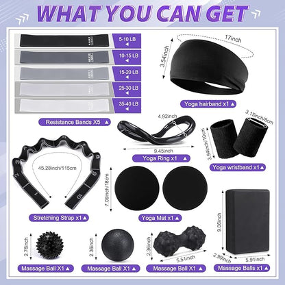 24 Pcs Home Pilates Essentials Kit for Women, Pilates Equipment Ring and Ball Set with Stretching Strap, Water Bottle, Magic Circle, Yoga Ring, Gym Bag, Resistance Band, Anti Slip Socks