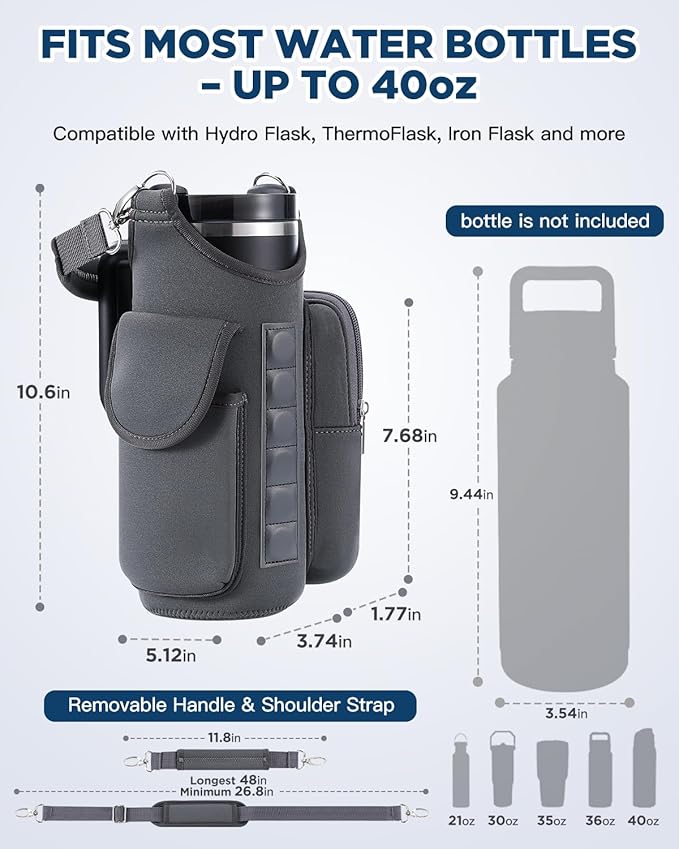 Magnetic Gym Bag Water Bottle Carrier Holder with Phone Pockets & Shoulder Strap for Men Women,Water Bottle Holder, Gym Pouch, Crossbody Bag for Travel, Sports, Work, Fitness - Dark Gray