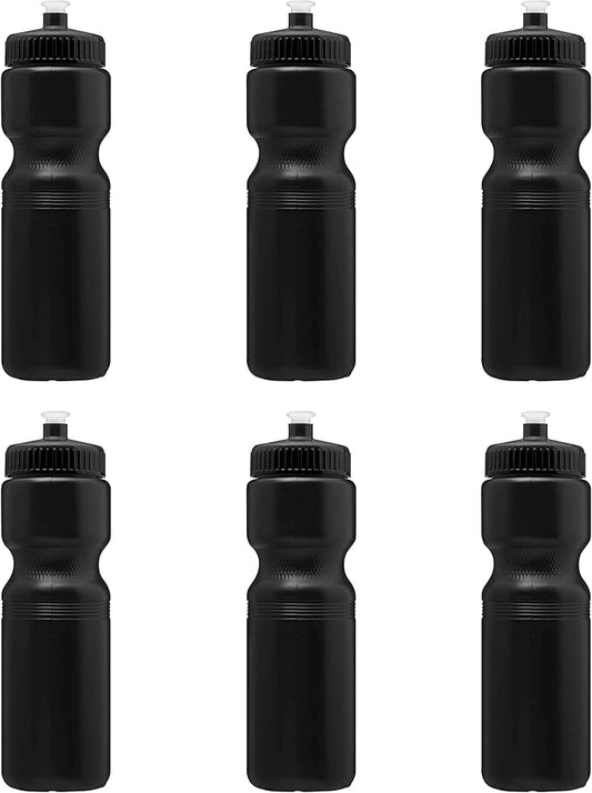 DISCOUNT PROMOS 28 oz. Push Cap Plastic Water Bottles Set of 6, Bulk Pack - Perfect for Gym, Hiking, Camping, Outdoor Sports - Black