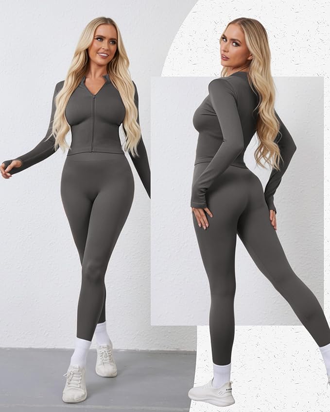 Women 3 Piece Seamless Workout Set Sports Bra High Waisted Gym Yoga Leggings Zip Up Jacket with Thumbhole Activewear