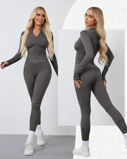 Women 3 Piece Seamless Workout Set Sports Bra High Waisted Gym Yoga Leggings Zip Up Jacket with Thumbhole Activewear