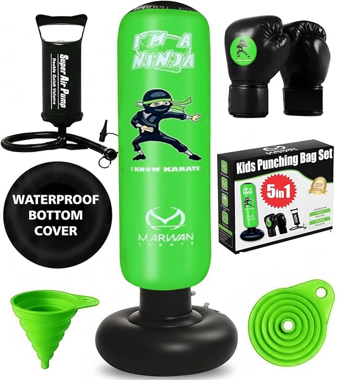 Marwan Sports Punching Bag for Kids with Boxing Gloves Ages 4-12 – 63" Inflatable Boxing Bag for Kids, Fast Rebound Set, Christmas & Birthday Gift for Boys & Girls