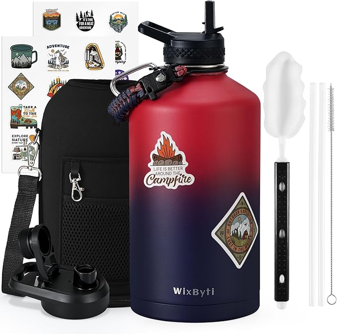 One Gallon Water Bottle Insulated, Triple Wall Vacuum Cold for 48 Hrs & Leak-proof & Non-BPA, 128oz Christmas Stainless Steel Gifts Water Jug with Paracord Handle Straw Spout Lids