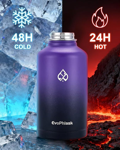Insulated Water Bottle 64 oz, Vacuum Stainless Steel Water Bottle Keep Cold 48Hrs, Half Gallon Large Water Jug for Travel, Sport, Gym, Hiking with Carrier Bag, Purple/Black