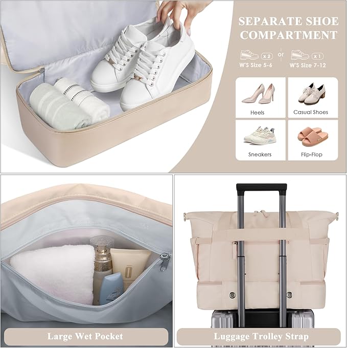 ETRONIK Gym Bag for Women, Personal Item Travel Bag with Shoes Compartment, Weekender Overnight Duffel Bag with Wet Pocket & USB Charging Port, Carry On Bag for Women, Travel, Gym, Weekend (Khaki)