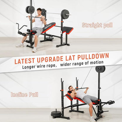 1500LBS 8 in 1 Weight Bench Set with Leg Extension/Curl and Preacher Curl, Bench Press Set and Barbell Rack with Safety Bar Catches, Foldable Workout Benches for Home(US Stock)