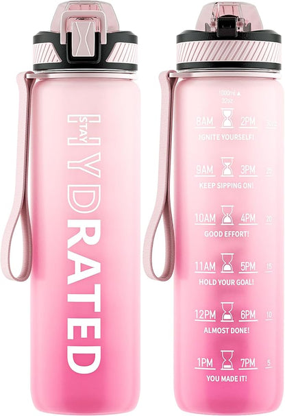 Water Bottle with Straw, 32oz Motivational Water Bottles with Time Marker to Drink, Tritan BPA Free, 1L Sports Water Bottle with Carry Strap LeakProof for Women Gym Fitness Outdoor (1 Pack)