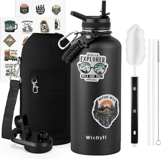 87 oz Insulated Water Bottle with Straw (Cold for 48 Hrs), Half Gallon Stainless Steel Triple Wall Vacuum Sports Water Jug, Leakproof Hydro Cup Flask with Straw Spout Lids & DIY Stickers