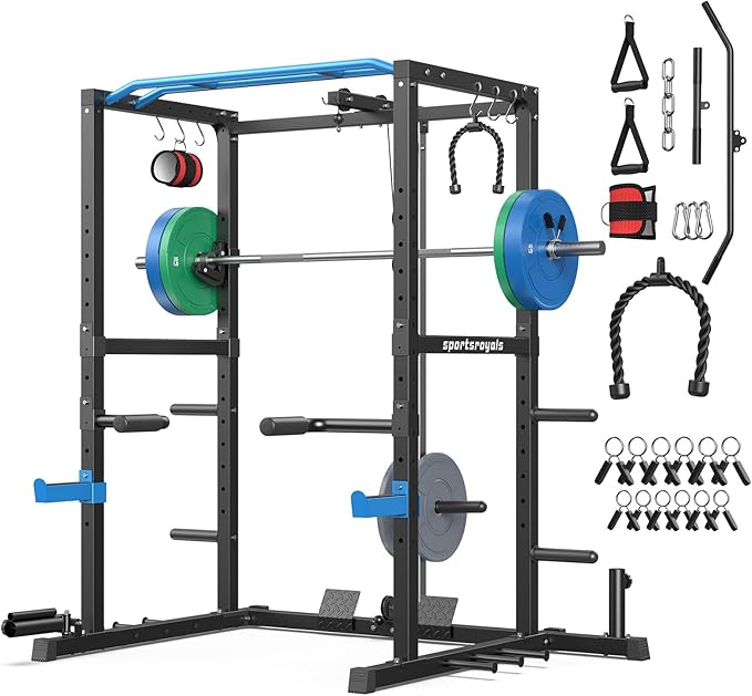 Sportsroyals Squat Rack, LAT Power Cage, Power Rack Multi-Function with Pulley System and Training Attachments for Home Gym