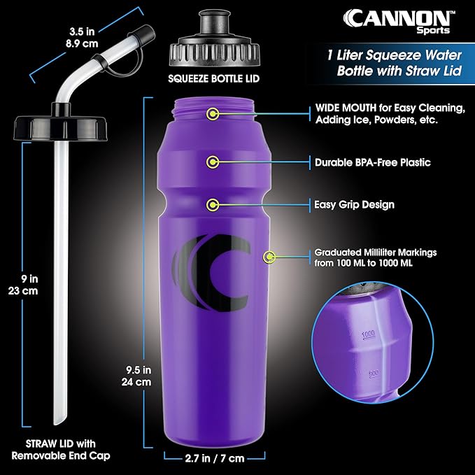Cannon Sports 1 Liter Sports Water Bottle, BPA-Free, 34 Oz Capacity, Large Mouth, 2 lids (Straw and Squeeze), Great For Helmet Sports Such As Hockey, Lacrosse, Football, Boxing (6 Pack) (Purple)