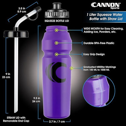 Cannon Sports 1 Liter Sports Water Bottle, BPA-Free, 34 Oz Capacity, Large Mouth, 2 lids (Straw and Squeeze), Great For Helmet Sports Such As Hockey, Lacrosse, Football, Boxing (6 Pack) (Purple)