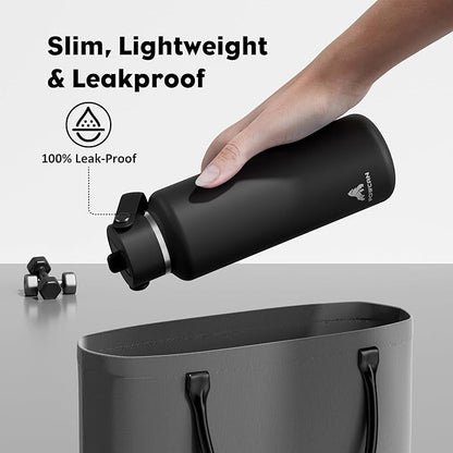 POWCAN 18oz Stainless Steel Slim Water Bottle: Sweatproof, Flex Cap, Lightweight, Standard Mouth, Top Handle, Vacuum Insulated Flask with straw for Office, Adults, Commute, Workouts (Midnight Black)