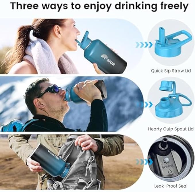 Insulated Water Bottle 64 oz, Triple Wall Vacuum Stainless Steel(Cold for 48 Hrs),Leak Proof & BPA-Free,Half Gallon Water Bottle with Reflective Paracord & Flip Straw for Sports & Travel, Indigo-Black