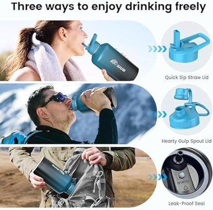 Insulated Water Bottle 64 oz, Triple Wall Vacuum Stainless Steel(Cold for 48 Hrs),Leak Proof & BPA-Free,Half Gallon Water Bottle with Reflective Paracord & Flip Straw for Sports & Travel, Indigo-Black