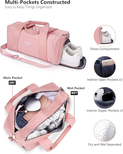 Sports Small Gym Bag for Women Girls, Cute Mini Duffle Bag with Wet Pocket & Shoes Compartment, Personal Item Travel Workout Bag, 16"-Small, Pink