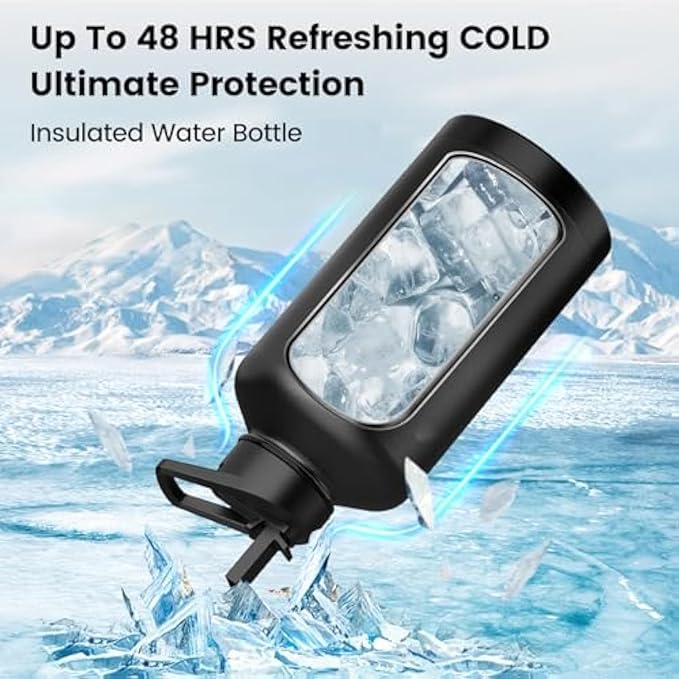 Insulated Water Bottle 40 oz, Triple Wall Vacuum Stainless Steel(Cold for 48 Hrs),Leak Proof & BPA-Free,Half Gallon Water Bottle with Reflective Paracord & Flip Straw for Sports & Travel, Black