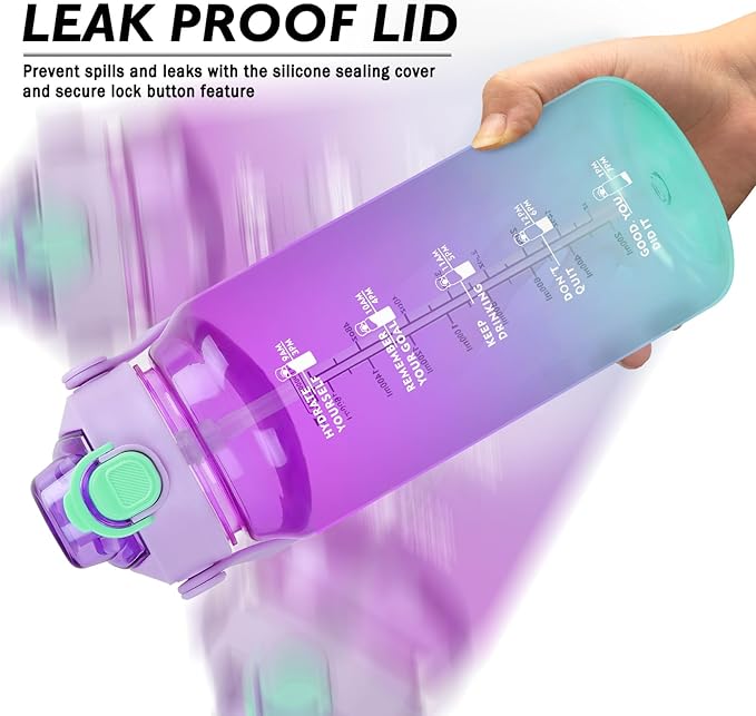 64oz Sports Water Bottle with Fruit Infuser, 2 in 1 Straw and Chug Motivational Water Bottle with Time Marker, Half Gallon Large Water Jug with Handle for Travel Fitness Gym Outdoor (Purple)