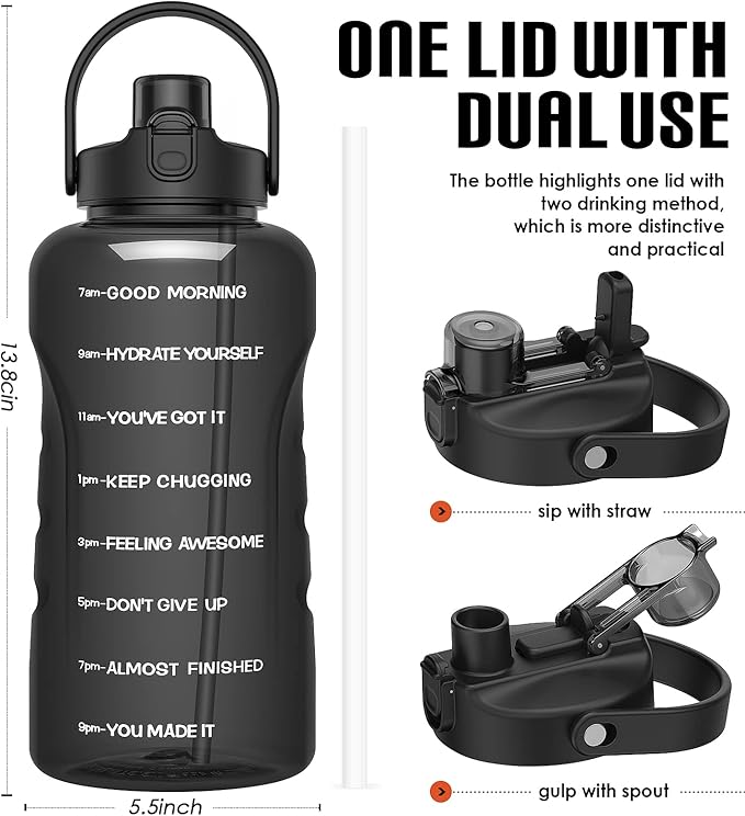 HydroPal 1 Gallon Water Bottles with Straw, 128 oz Water Bottle BPA Free Innovative 2-IN-1 Lid Gym Bottle with Times to Drink Motivational, Large for Sports Fitness Camping Water Jug （13.8X5.5 inch）