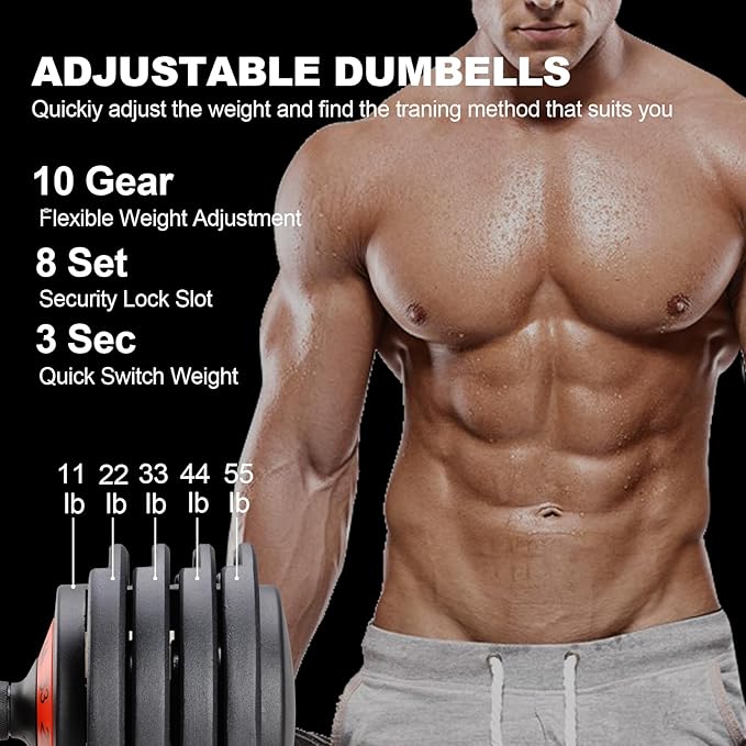 25/55lb Pair Adjustable Dumbbell Set, Adjustable Dumbbells Set of 2, 5 in 1/10 in 1 Free Weights Dumbbells Set with Anti-Slip Texture Handle, Weight Set For Home Gym Suit both Men and Women
