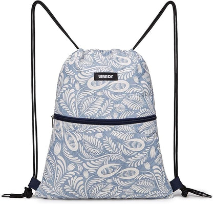 WANDF Drawstring Backpack String Bag Sackpack Cinch Water Resistant Nylon for Gym Shopping Sport Yoga (Light Blue Leaf with zipper)