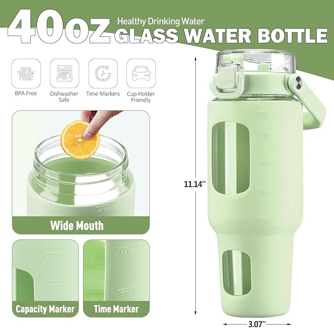 BLUEGO 40 oz Glass Water Bottle with Straw, Leakproof Glass Drinking Bottle with Time Marker and Silicone Sleeve, Wide Mouth for Travel, Gym, Workout, Green