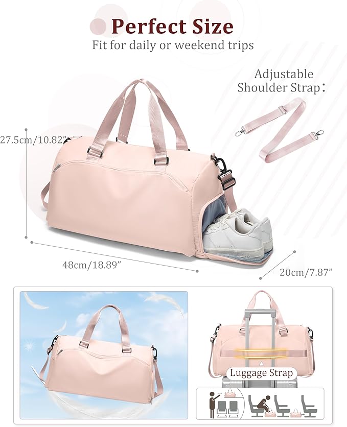 Gym Bag for Women with Shoe Compartment,Travel Duffel Bag for Men Sports Gym Tote Bags Carry on Overnight Bag Personal Item Travel Bag Weekender Bags Swimming Yoga Workout Bag Pink