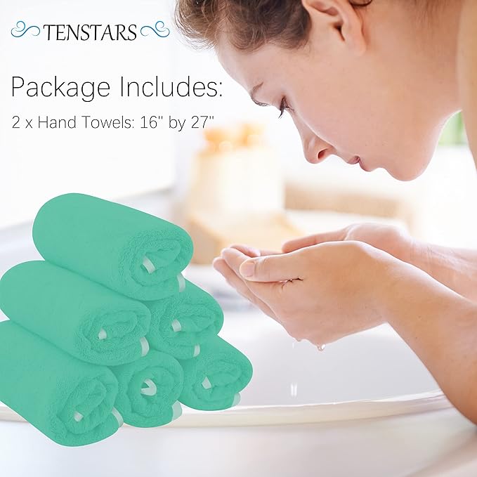 TENSTARS Silk Hemming Hand Towels for Bathroom - Quick Drying - Ultra Soft Microfiber Absorbent Towel for Bath Fitness, Gym, Shower, Hotel, and Spa - 16x28 Inch | Set of 6, Aqua Green
