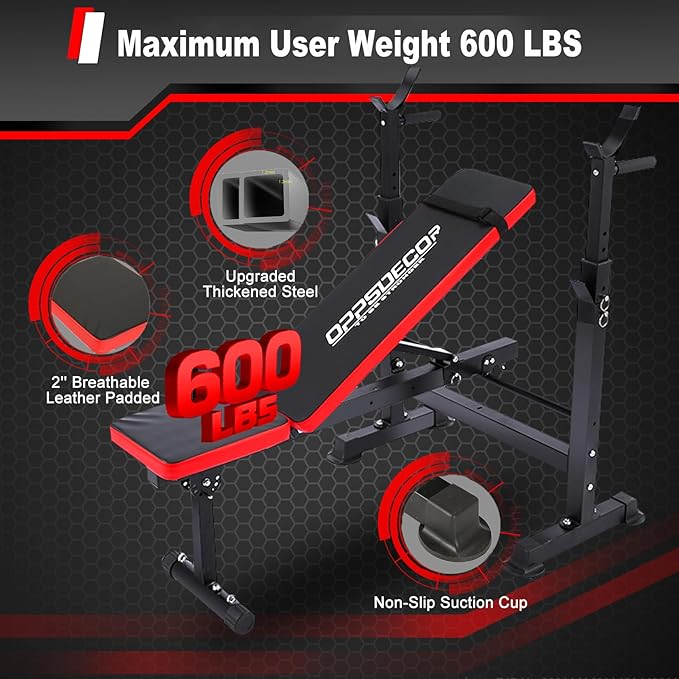 OPPSDECOR 6 in 1 900LBS Weight Bench with Leg Extension and Leg Curl, Foldable Bench Press Set and Squat Barbell Rack with Preacher Curl, Adjustable Workout Bench for Home Gym Strength Training PXZXYX1