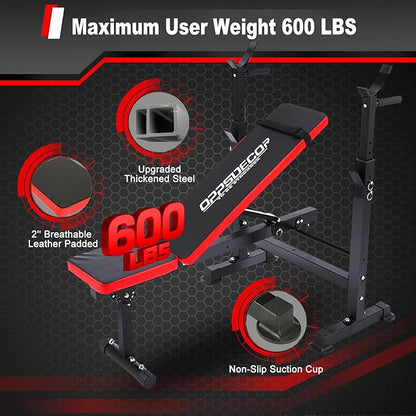 OPPSDECOR 6 in 1 900LBS Weight Bench with Leg Extension and Leg Curl, Foldable Bench Press Set and Squat Barbell Rack with Preacher Curl, Adjustable Workout Bench for Home Gym Strength Training PXZXYX1