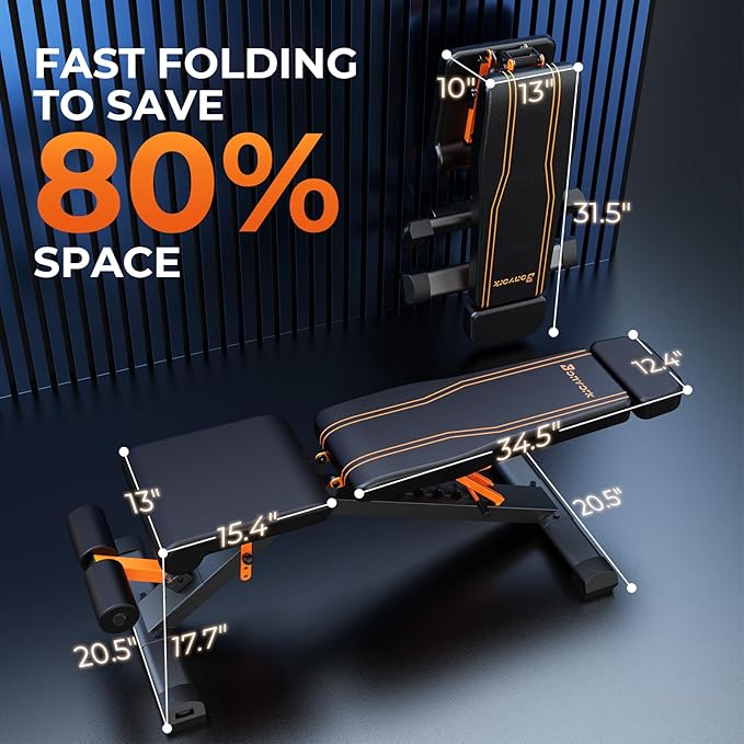 Adjustable Weight Bench, Foldable Incline Decline Flat Workout Bench Press with Extended Backrest, 80x40MM Heavy-Duty Steel Dumbbell Bench for Home Gym Full Body Strength Training