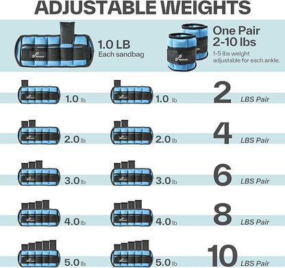 Sportneer Adjustable Ankle Weights Set - 1 Pair (2-10 lbs) Removable Sandbags for Women & Men, Comfortable Neoprene Leg Weights for Walking, Running, Pilates, Yoga, Home Workout & Physical Therapy