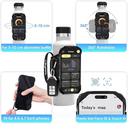 Cikyner Water Bottle Strap, Water Bottle Holder for Mobile Phone 360° Rotatable & Removable Water Bottle Pouch Gym Water Bottle Accessories for 4.5-7'' Mobile Phone & 18-40 oz Water Bottles (G7L)