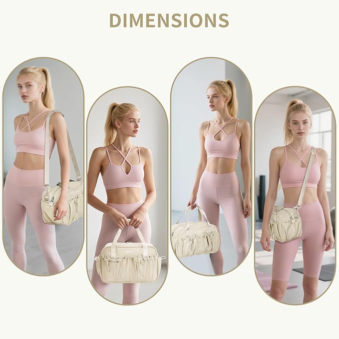 ECOHUB Small Gym Bag for Women, Mini Gym Duffle Bag with Wet Compartment, Bowknot Sports Bag, Cute Gym Tote Bag Dance Yoga Workout Travel Bags Beige