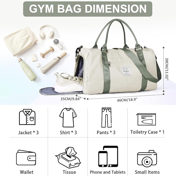 Gym Bag for Women with Shoes Compartment,Small Duffel Bag Sport bag with Toiletry Bag Overnight Travel Tote Bags Weekender Carry on Bag Personal Item Bags for Airlines Beige Green