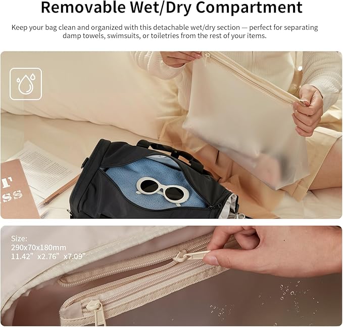 Aji Foldable Travel Duffel Bag for Women with Shoes Compartment, 3 in 1 Carry on Gym Bag with Removable Dry Wet Bag, Lightweight&Water Resistant Duffel Bag for Travel,Sports&Workout, Ink Black