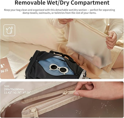 Aji Foldable Travel Duffel Bag for Women with Shoes Compartment, 3 in 1 Carry on Gym Bag with Removable Dry Wet Bag, Lightweight&Water Resistant Duffel Bag for Travel,Sports&Workout, Ink Black