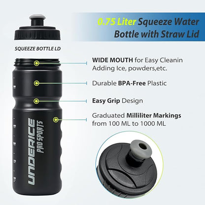 UICE Hockey Water Bottle 25.3oz 2 Pack - Leakproof Sport Water Bottles with Short/Long Nozzle Lids for Hockey/Lacrosse/Baseball/Softball/Football/Fitness,Yellow