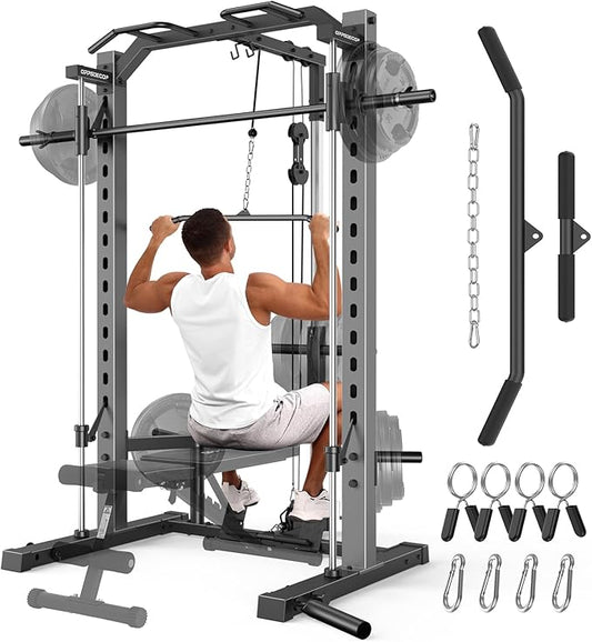 OPPSDECOR Smith Machine Power Rack for Home Gym - All-in-One Power Cage Squat Rack with LAT Pulldown, Cable Machine & Barbell Bar - Multi-Functional Strength Training Equipment