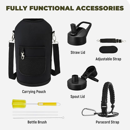 COKTIK 84oz Insulated Water Bottle - Stainless Steel Vacuum Metal, Portable ½ Gallon Large-Capacity Sports Bottle with Straw, Carry Bag and Handle Strap, Ideal for Gym & Hiking（Black)