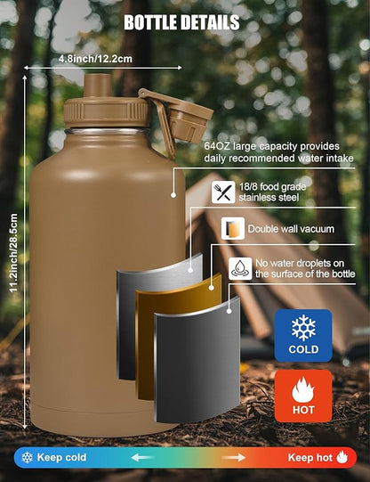 Tactical Half Gallon Water Bottle with Straw, 64 Oz Insulated Water Jug with Molle Water Bottle Holder, Stainless Steel Sport Bottle with 3 BPA Free Lids for Gym Workout Hiking (Brown)