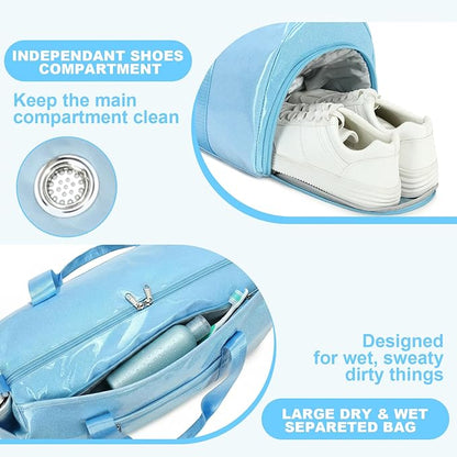 Gym Bag Sports Duffle Bag with Wet Pocket Weekender Overnight Bags with Waterproof Shoe Pouch and Air Hole for Girls Kids Women Workout Travel Bags (Blue)