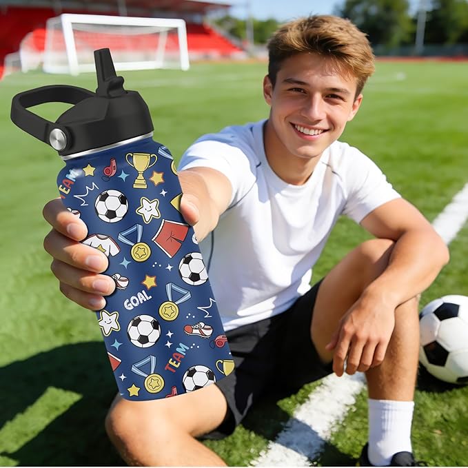 32oz Insulated Soccer Water Bottle for Kids & Adults - Stainless Steel, BPA-Free, Leak Proof Straw Lid - Sports Water Bottle for Gym, School, Travel - Ideal Soccer Gifts for Boys, Girls, Men