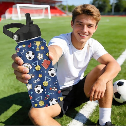 32oz Insulated Soccer Water Bottle for Kids & Adults - Stainless Steel, BPA-Free, Leak Proof Straw Lid - Sports Water Bottle for Gym, School, Travel - Ideal Soccer Gifts for Boys, Girls, Men
